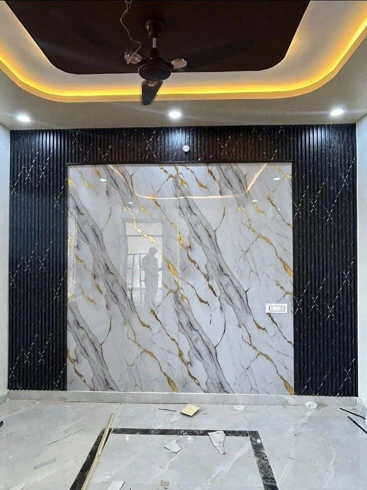 UV marble sheet design in white and gold pattern for stylish interiors.