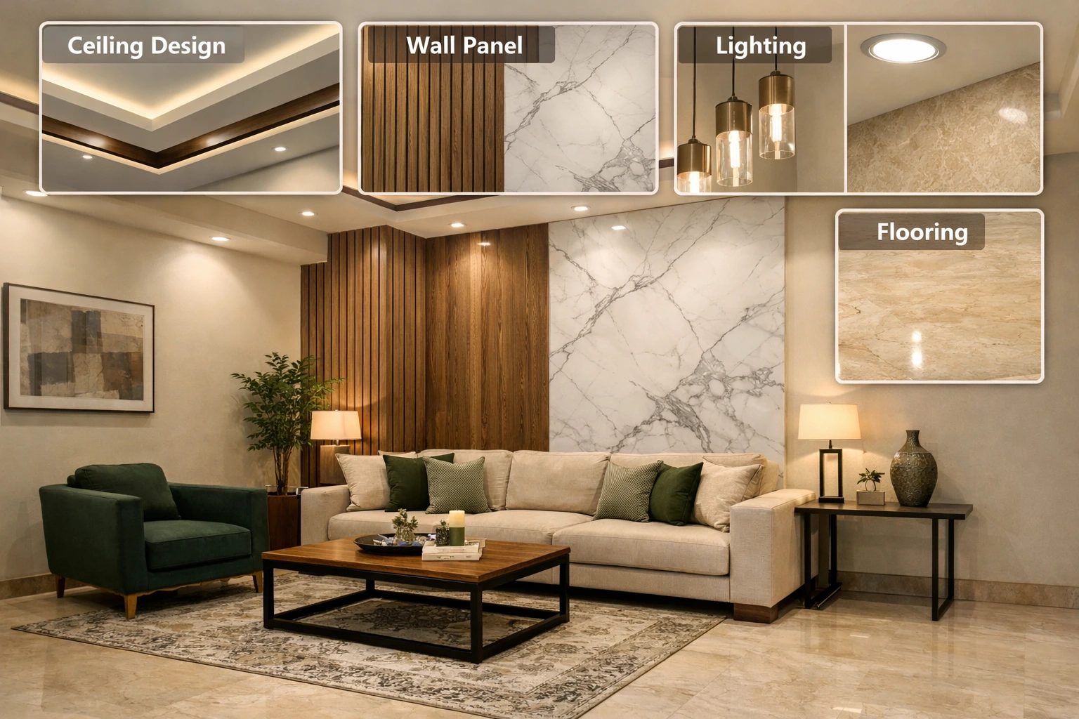 Modern Pakistani living room interior with ceiling design, wall paneling, warm lighting, and marble flooring highlighted in a clean Karachi apartment style.