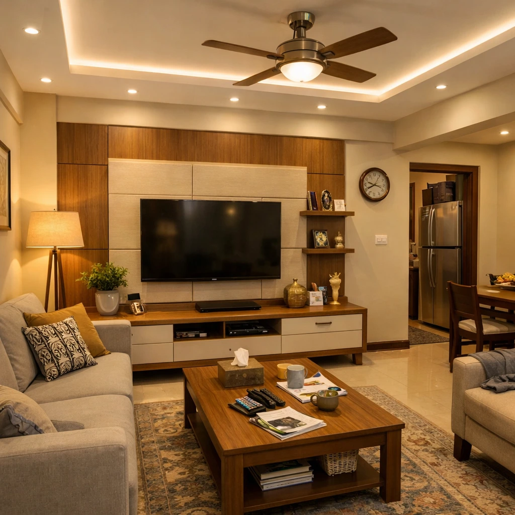 Modern Pakistani 120 yard house interior with TV wall panels and gypsum ceiling in Gulshan Karachi