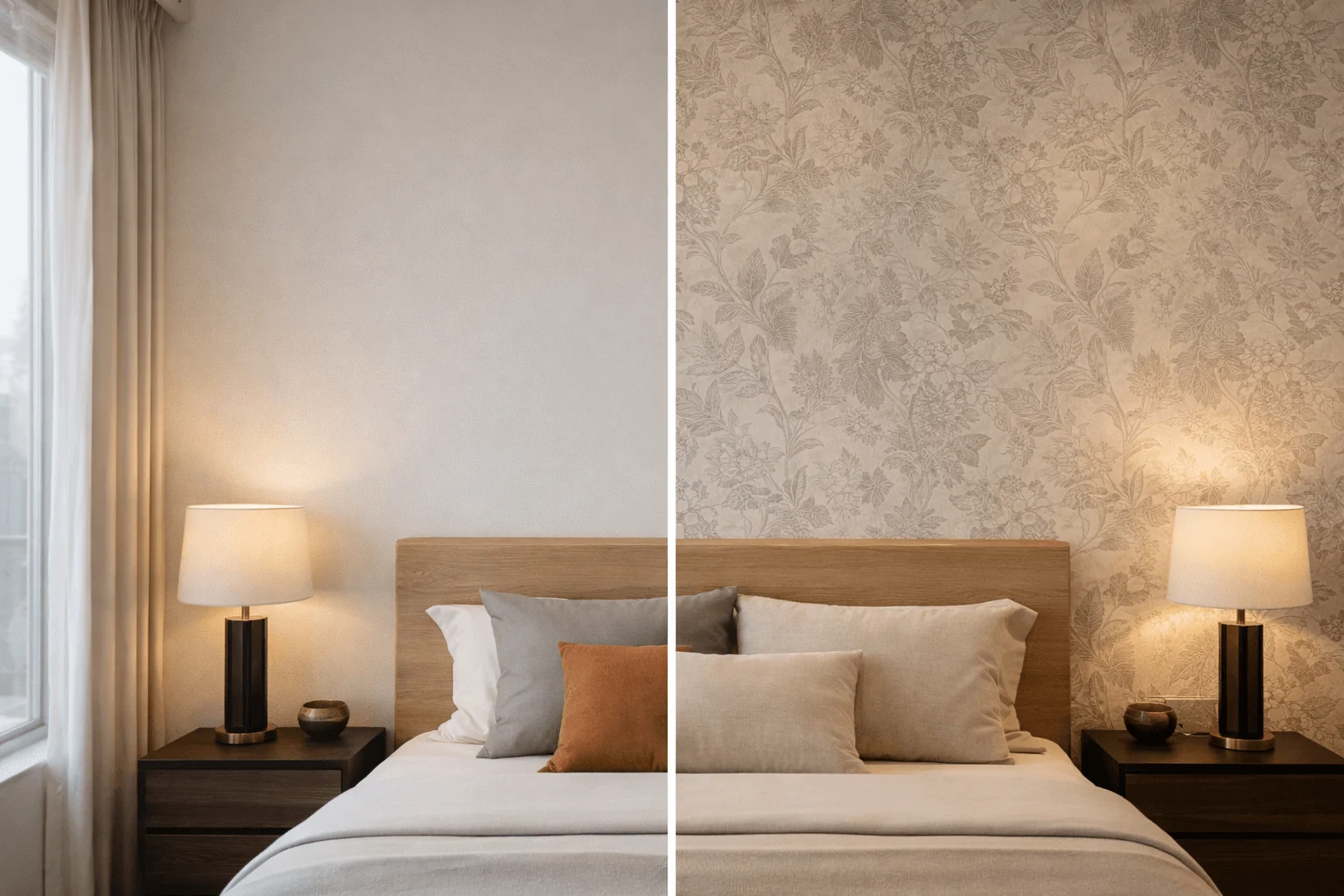 Comparison of paint and wallpaper wall finishing in Pakistani bedroom