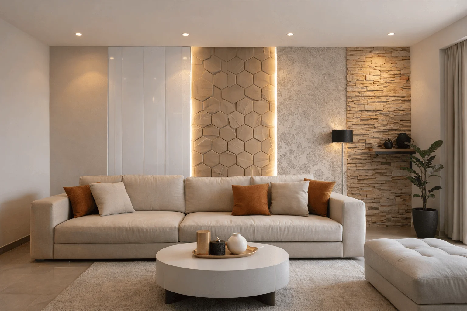 Wall finishing solutions in Pakistan showing PVC panels, wallpaper, paint and stone wall designs