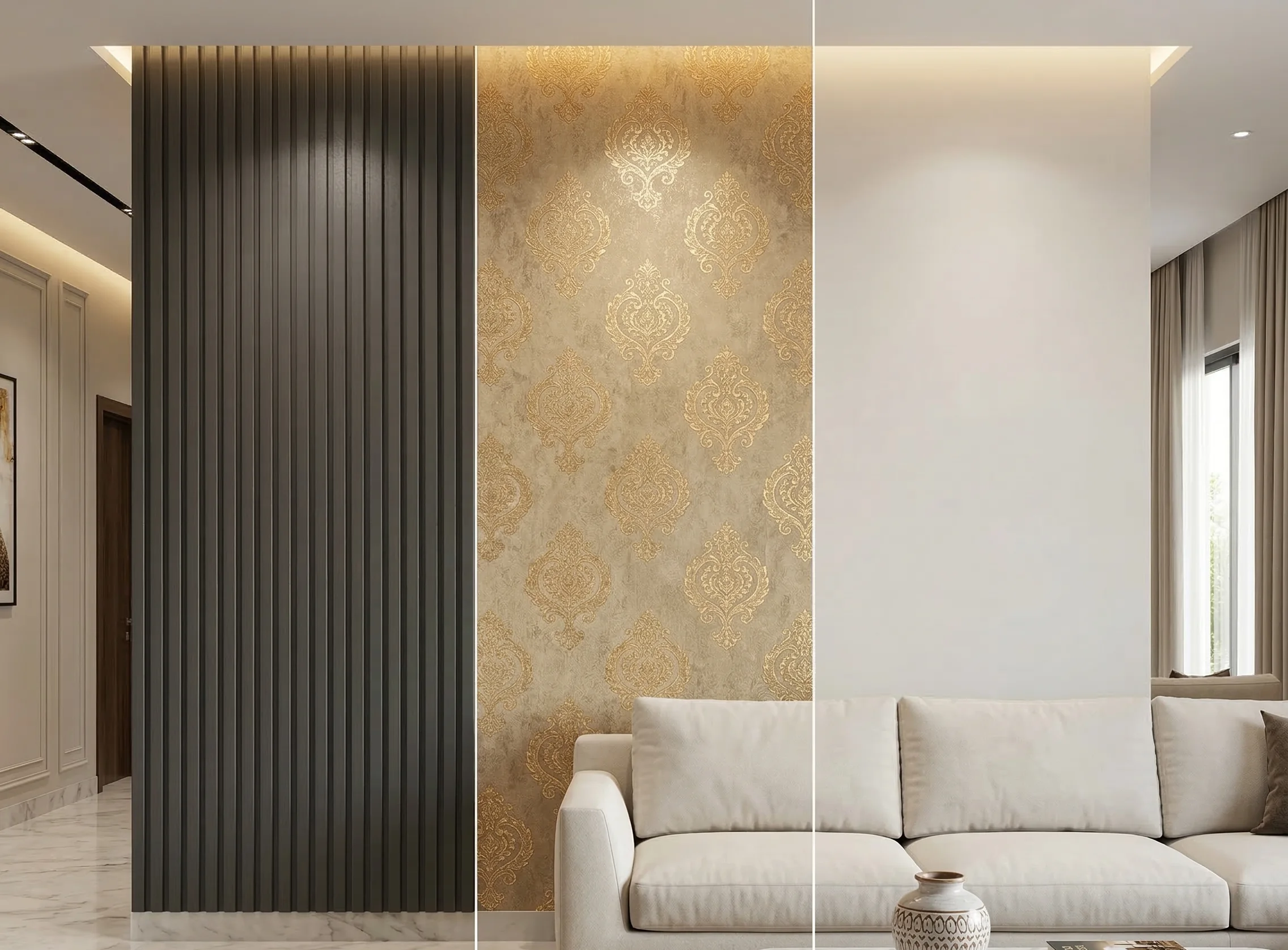 Comparison of PVC wall panels, luxury wallpaper, and premium paint in a Karachi living room.