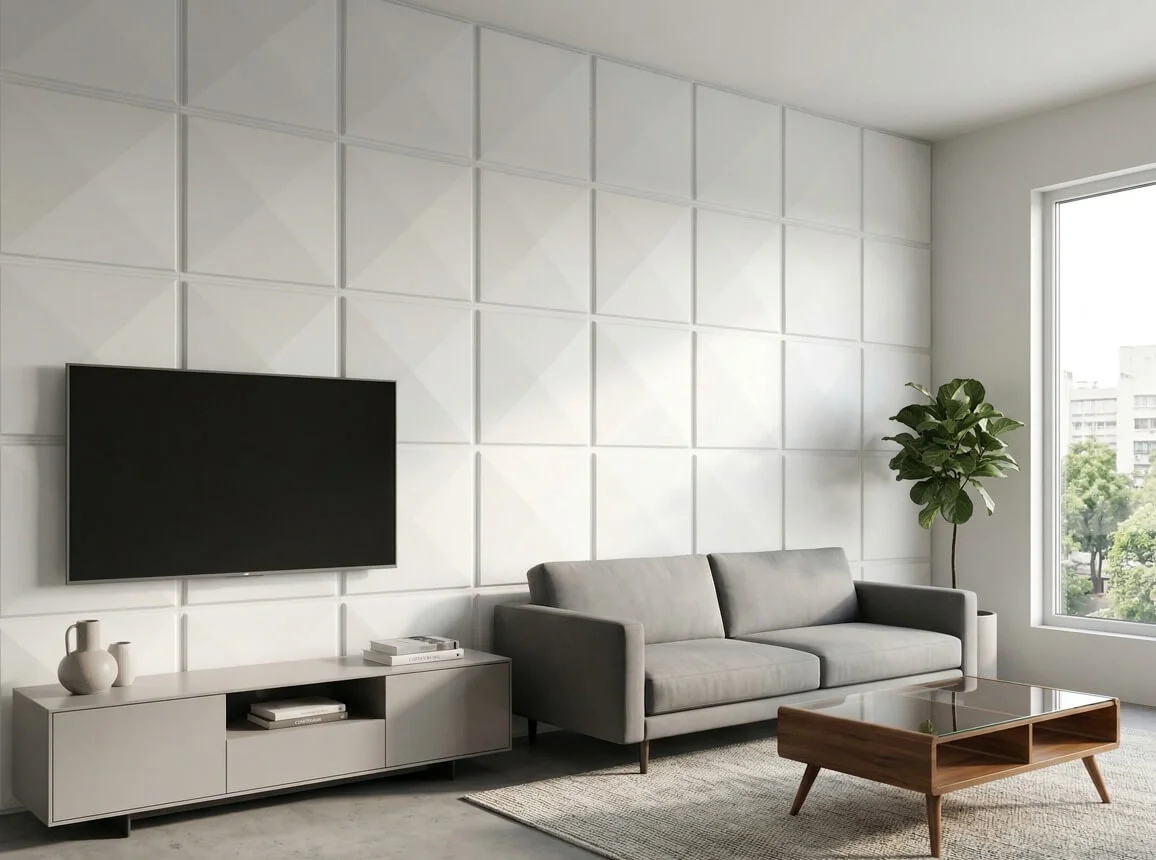 Ultra-realistic photograph of white geometric 3D wall panels in a modern Karachi living room, featuring a gray sofa and natural light emphasizing the textured wall identityinterior