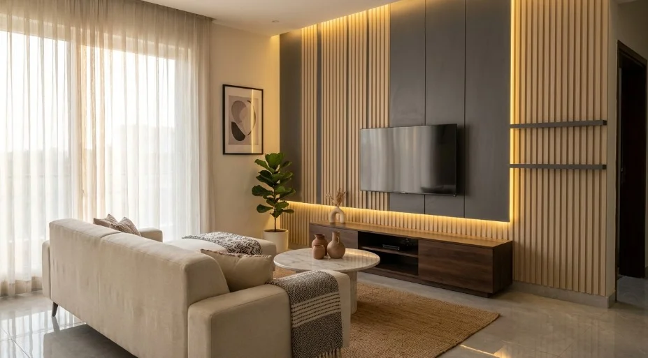 modern wall panel design in Karachi living room with fluted and PVC panels identityinterior