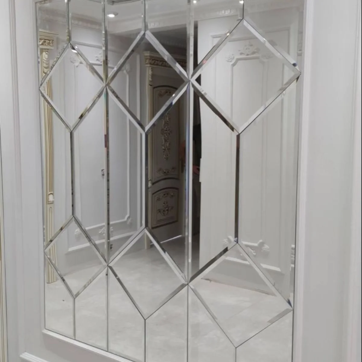 Custom beveled mirror design for living room wall